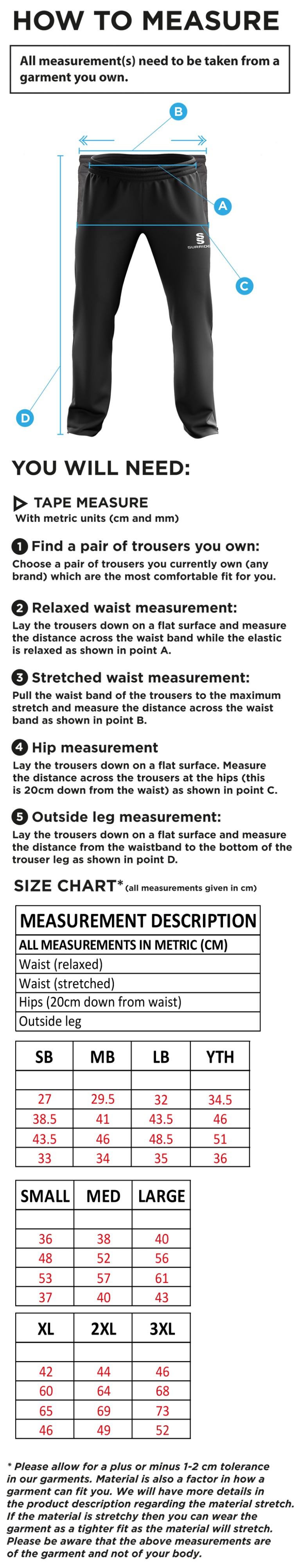Wherwell CC - Rip Stop Track Pant - Size Guide