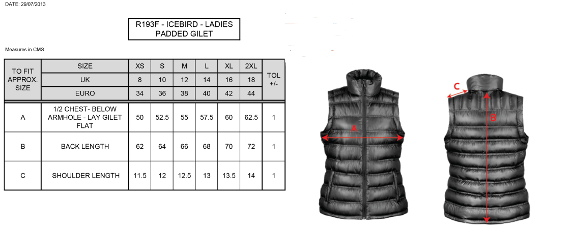 Wherwell CC - Women's Padded Gilet - Size Guide