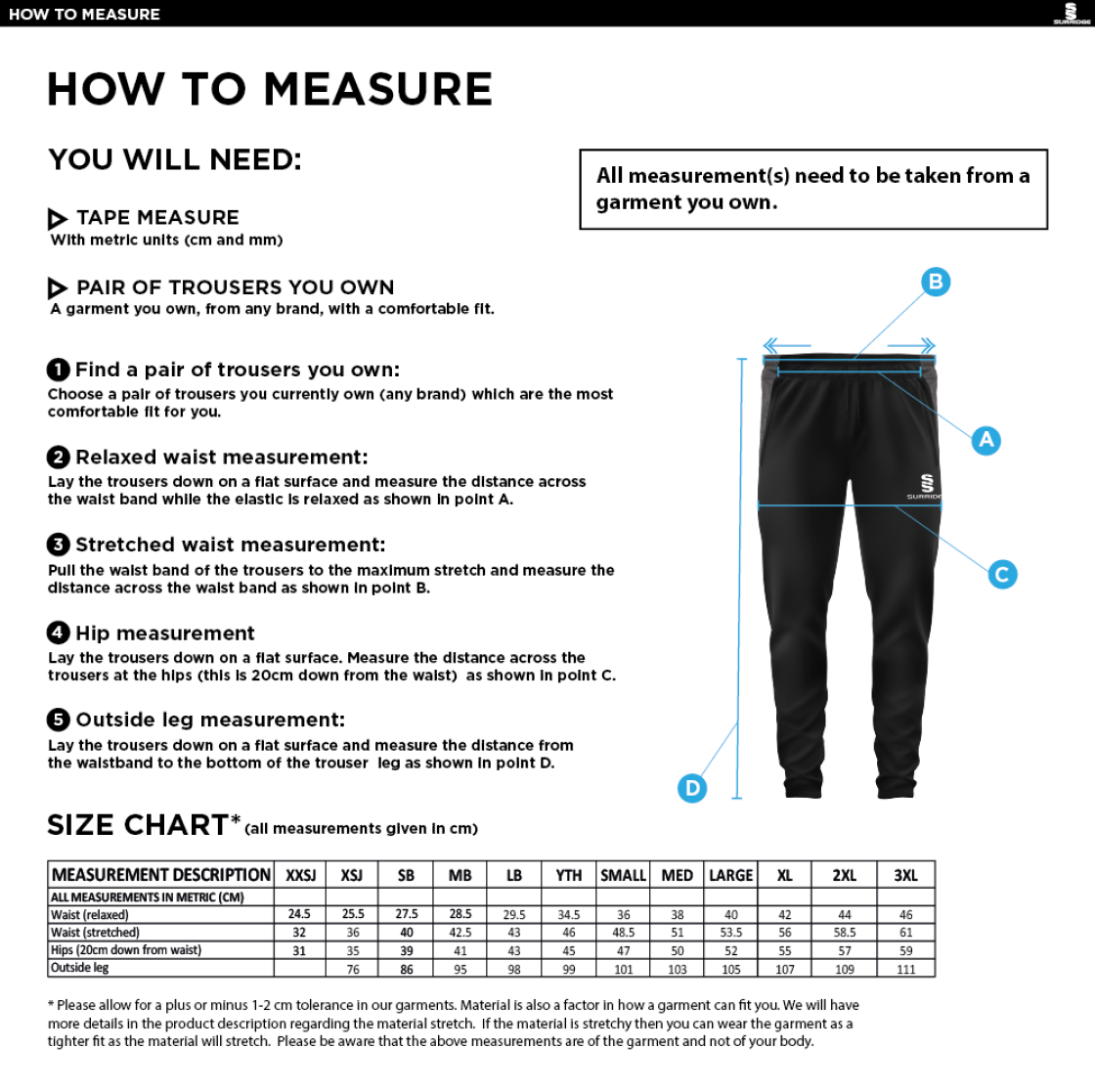 Wherwell CC - Tek Slim Training Pants - Size Guide