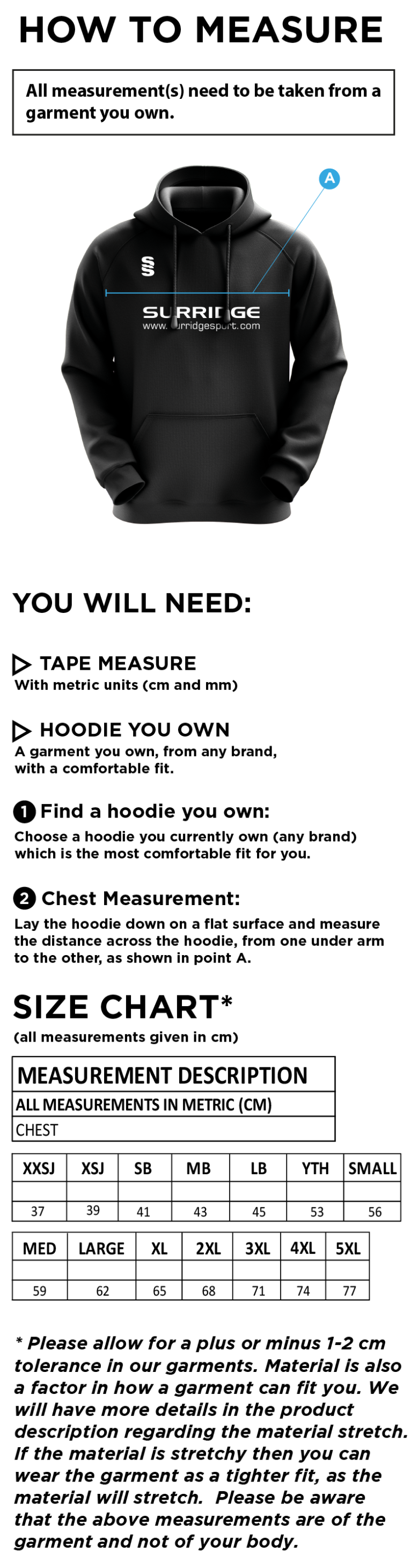 Wherwell CC - Fuse Hoody - Size Guide