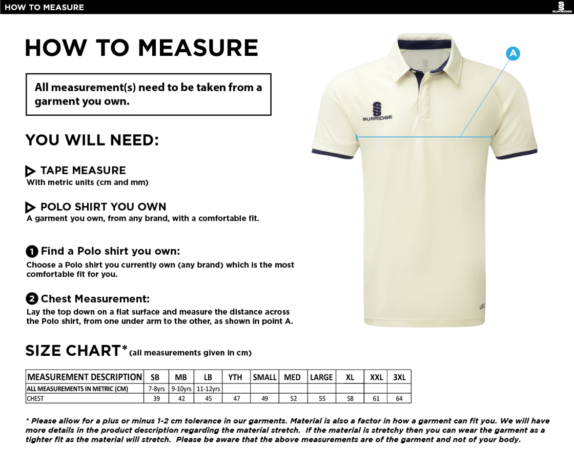 Wherwell CC - Ergo Cricket Shirt - Short Sleeve : Navy Trim - Size Guide
