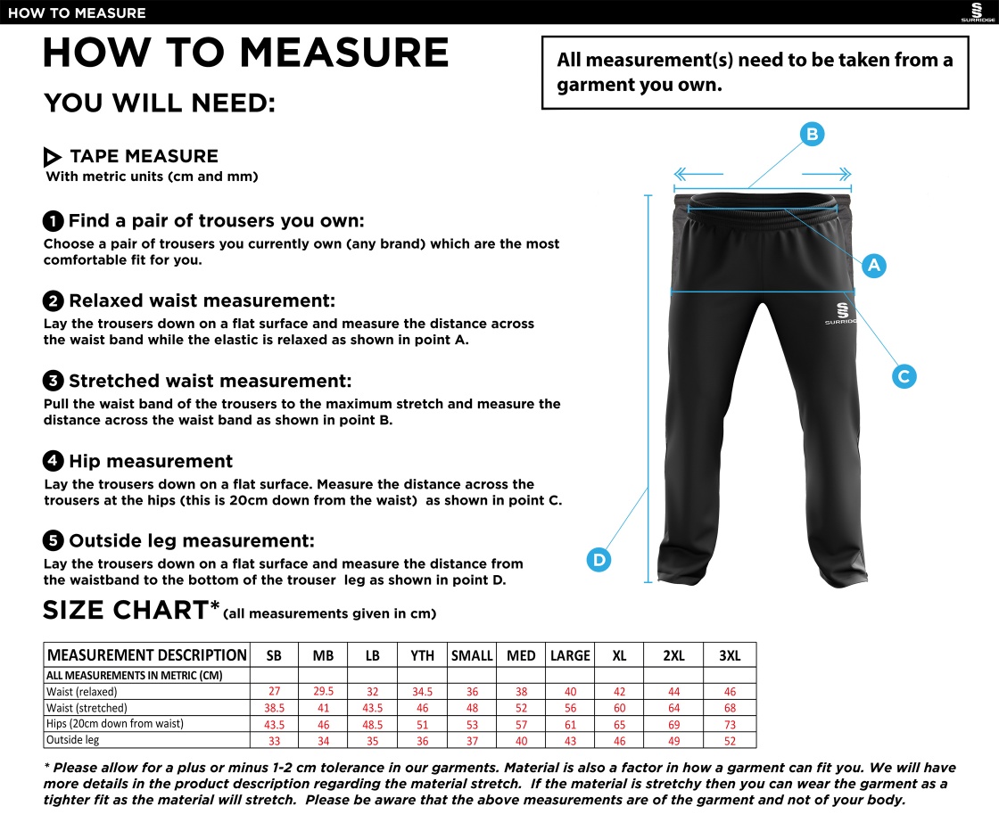 Wherwell CC - Rip Stop Track Pant - Size Guide