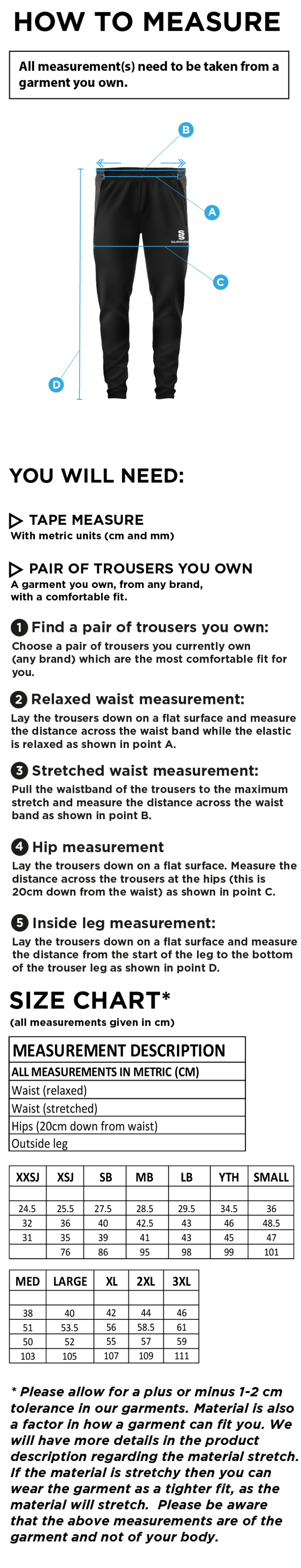Wherwell CC - Tek Slim Training Pants - Size Guide