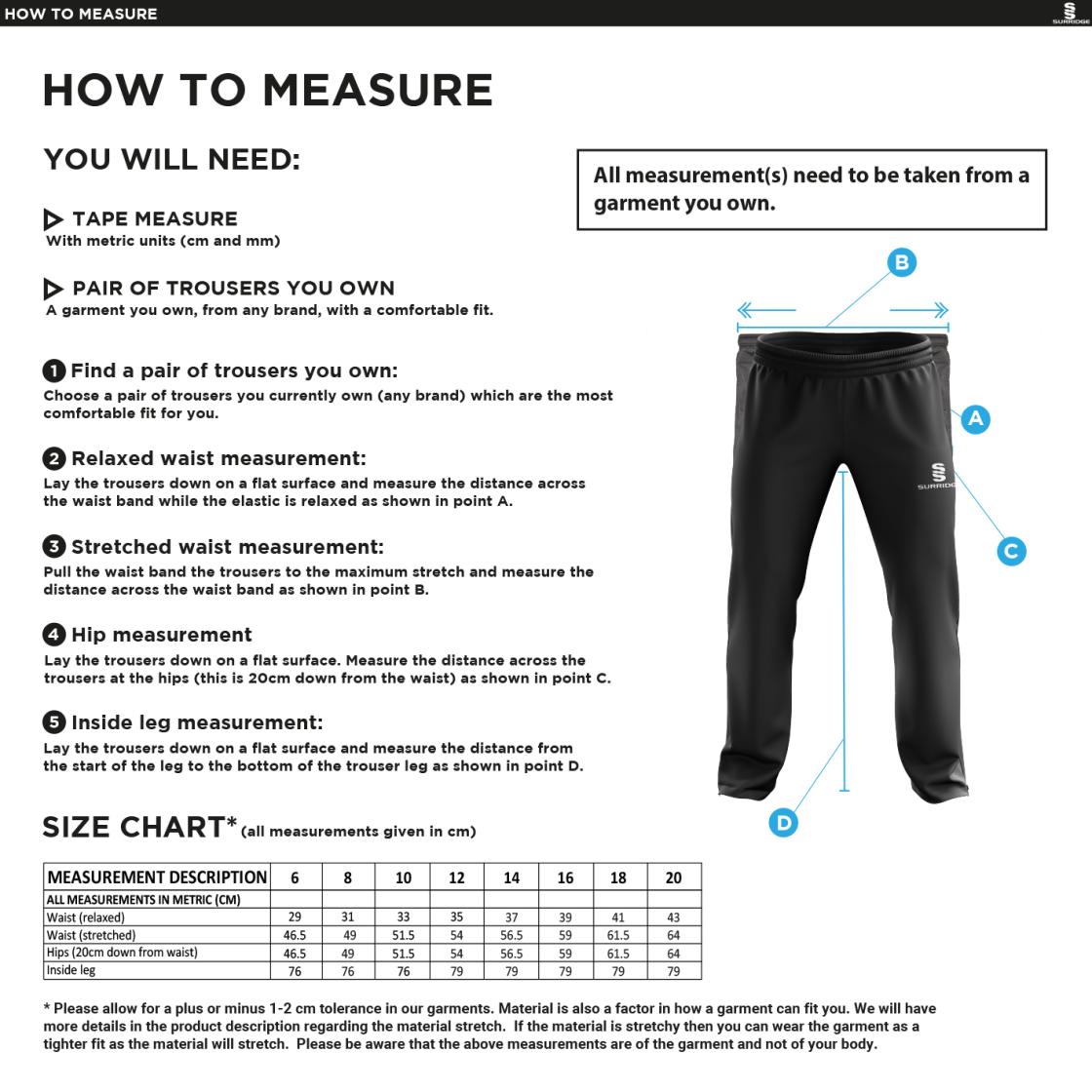 Wherwell CC - Classic Tracksuit Pant 3/4 Zip Length - Women's - Size Guide
