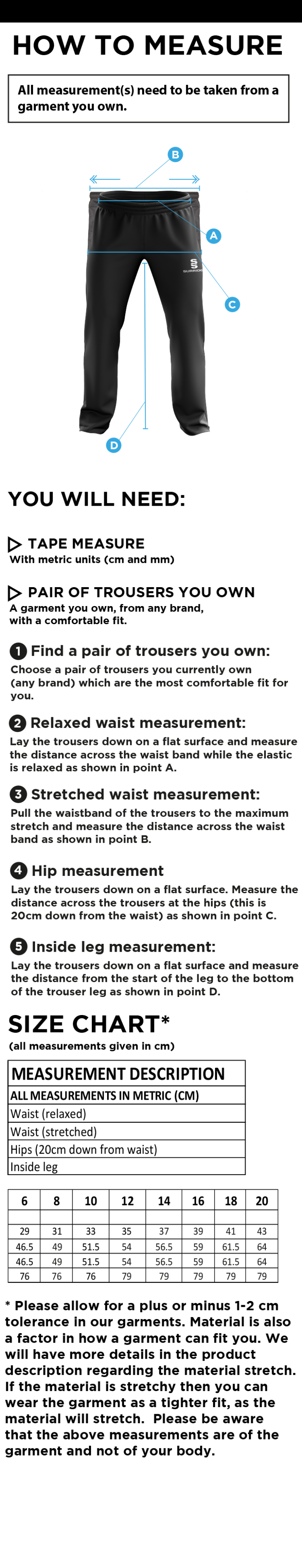 Wherwell CC - Classic Tracksuit Pant 3/4 Zip Length - Women's - Size Guide