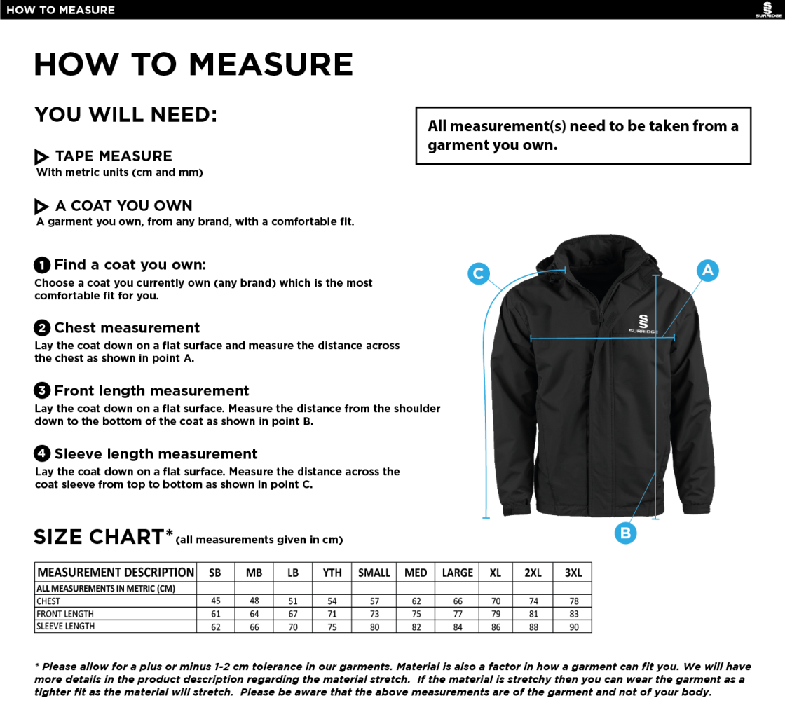 Dual Fleece Lined Coaches Jacket - Size Guide