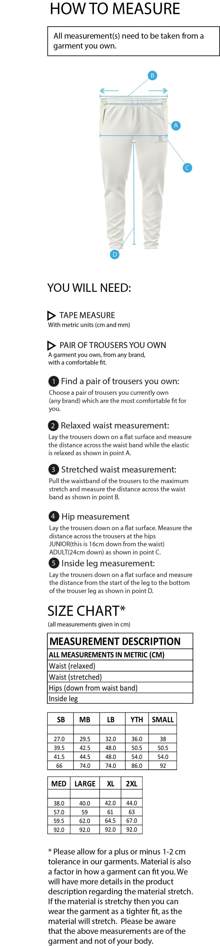 Wherwell CC - Ergo Playing Pant - Men's - Size Guide