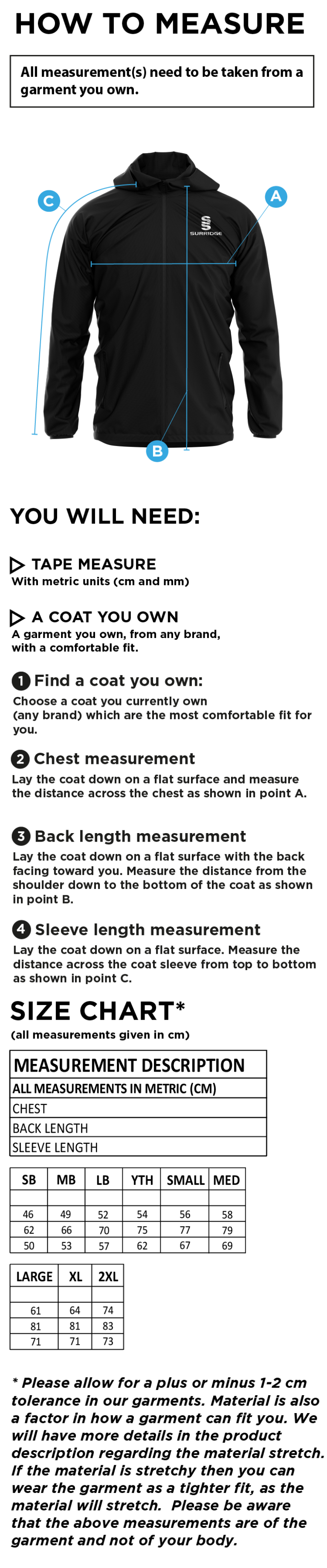 Wherwell CC - Dual Elite 1/4 Zip Hoody / Rain Jacket - Size Guide