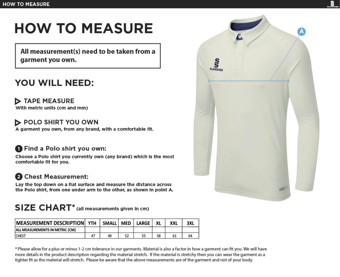 Wherwell CC - Ergo Long Sleeve Cricket Shirt Navy - Size Guide