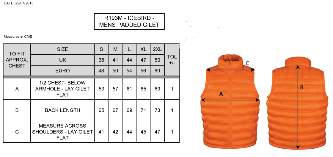 Wherwell CC - Padded Gilet - Size Guide
