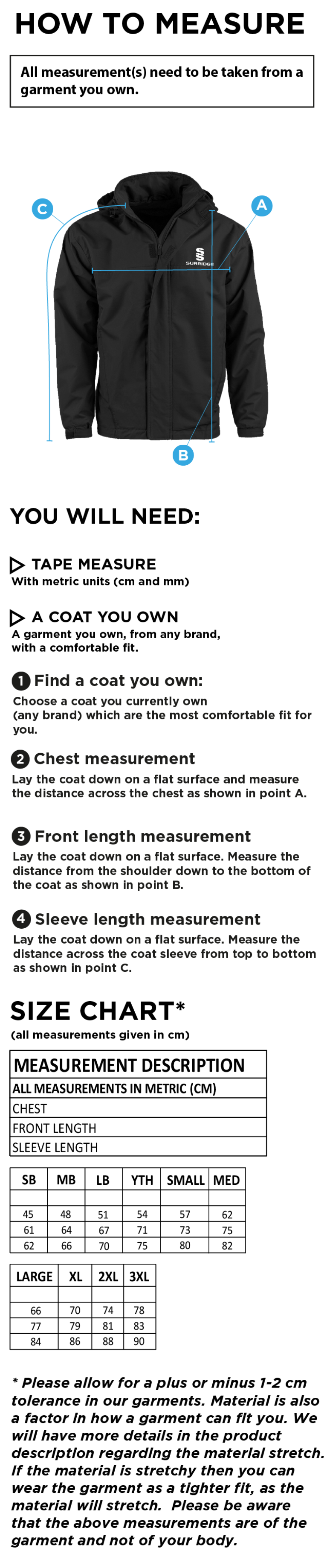 Dual Fleece Lined Coaches Jacket - Size Guide